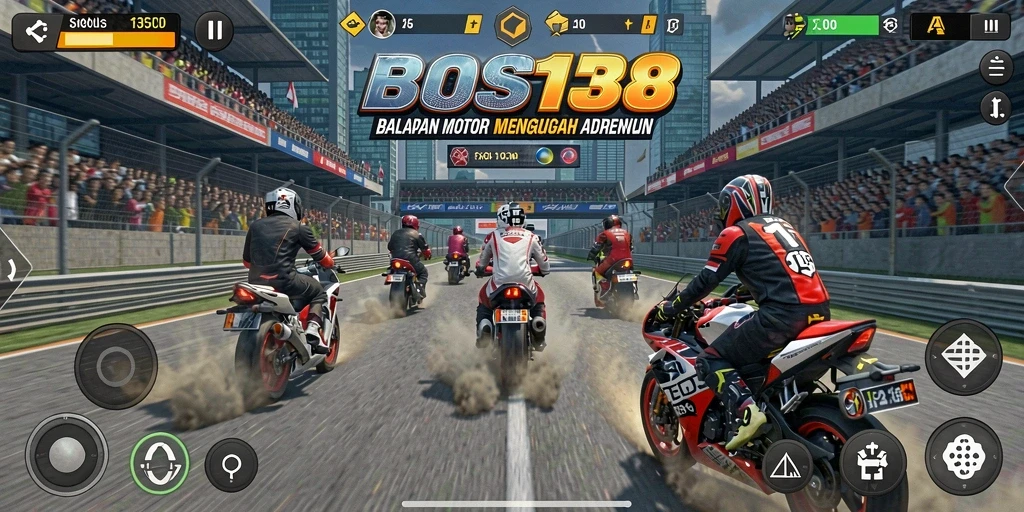 Screenshot gameplay BOS138 menampilkan aksi balapan motor yang intens.
