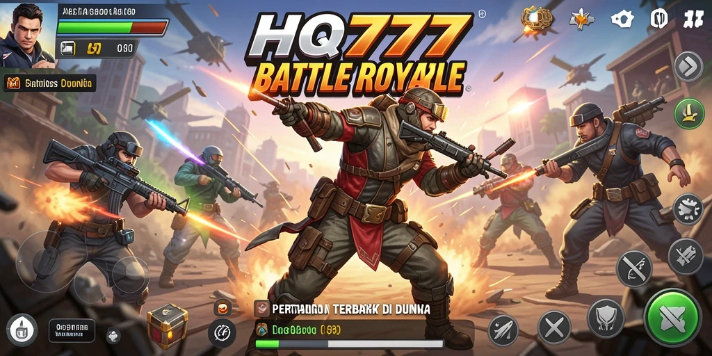 Screenshot utama HQ777 dengan momen seru gameplay Battle Royale.