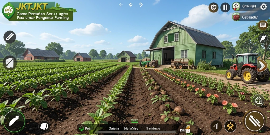 Screenshot menunjukkan gameplay menarik dari JKTJKT dengan ladang hijau subur.