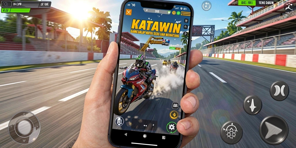 Screenshot KATAWIN menampilkan balapan motor yang intens dan mendebarkan.